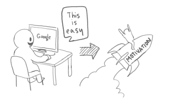 A person websurfing and saying 'this is easy', then riding a motivation rocketship